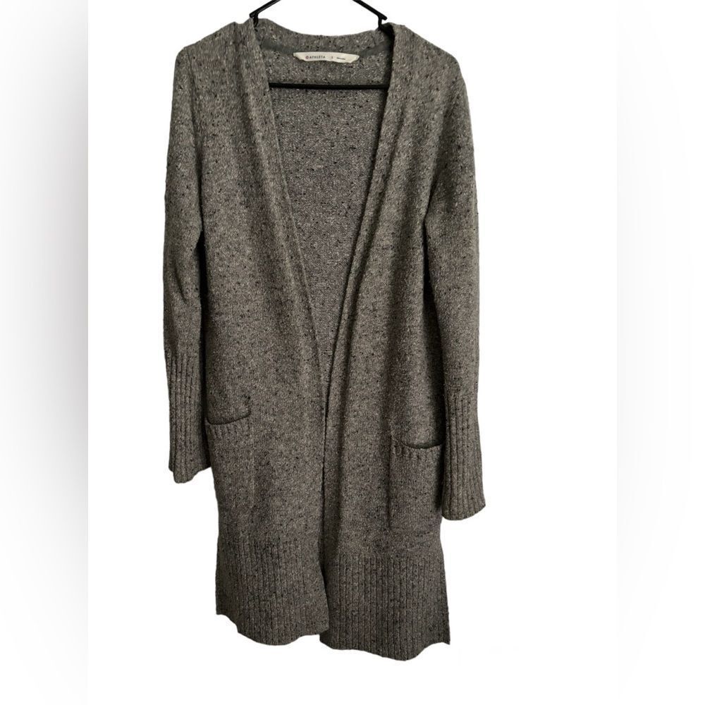 Athleta Wool Blend Long Line Open Cardigan Sweater SZ Small Gray Pockets Capsule